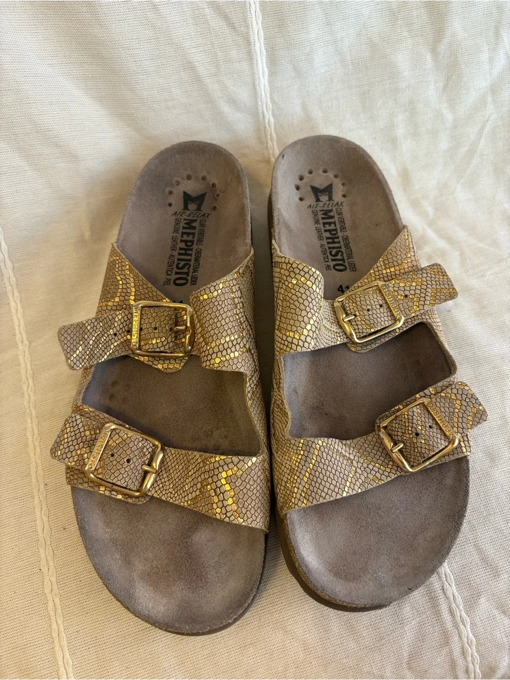 Mephisto Gold Snake-Print Double Strap Buckle Sandals